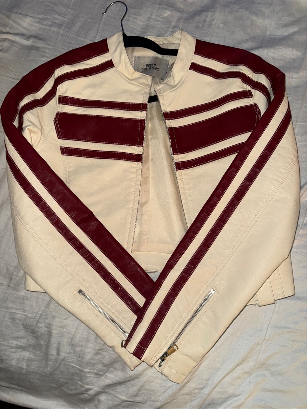 Urban Outfitters Cream Leather Moto Jacket with Burgundy Stripes